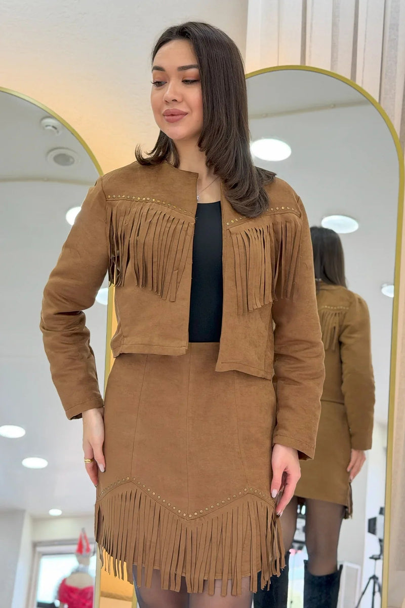 Women's Tan Saçaklı Jacket Skirt İkili Suede Set