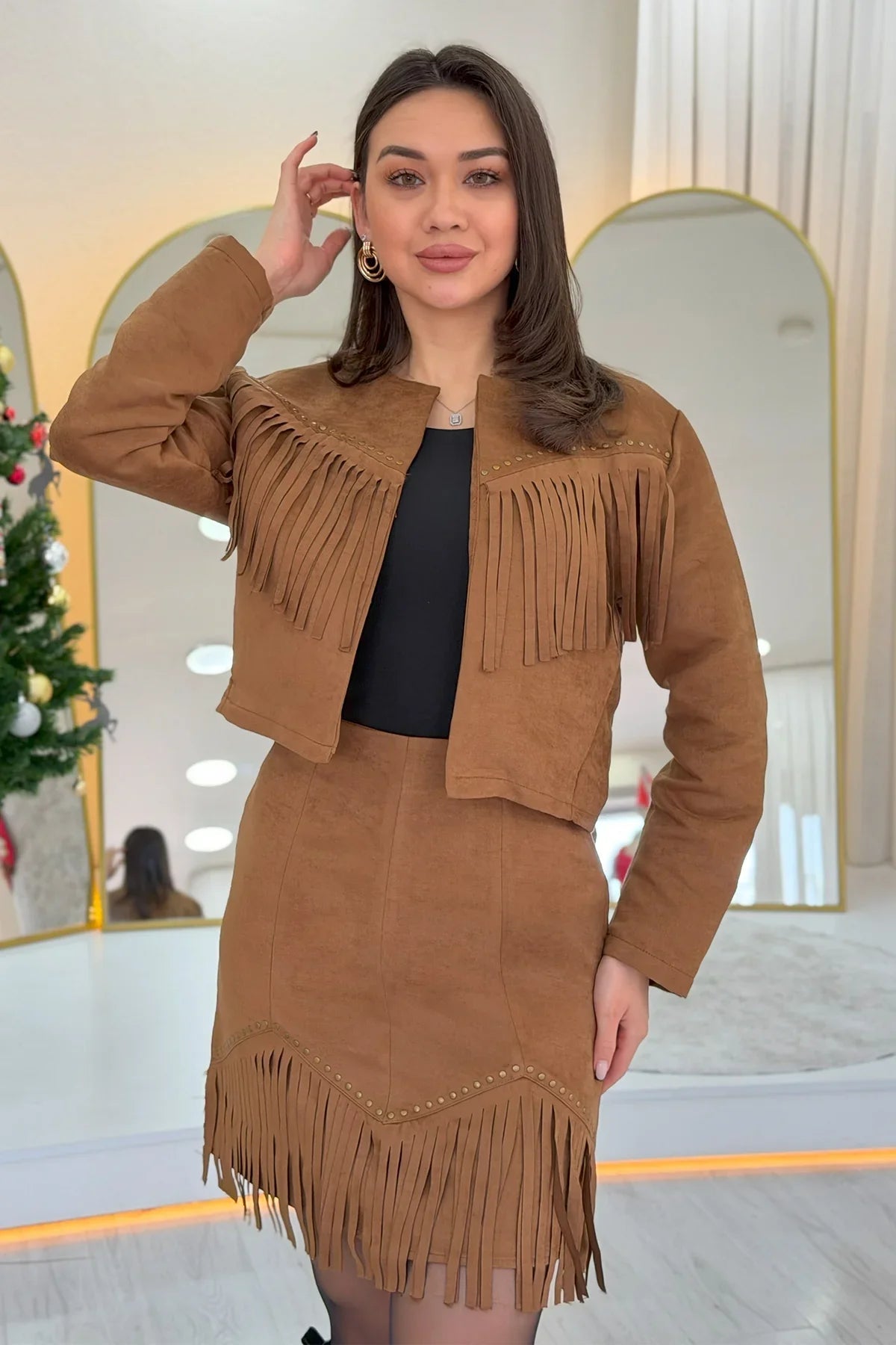 Women's Tan Saçaklı Jacket Skirt İkili Suede Set