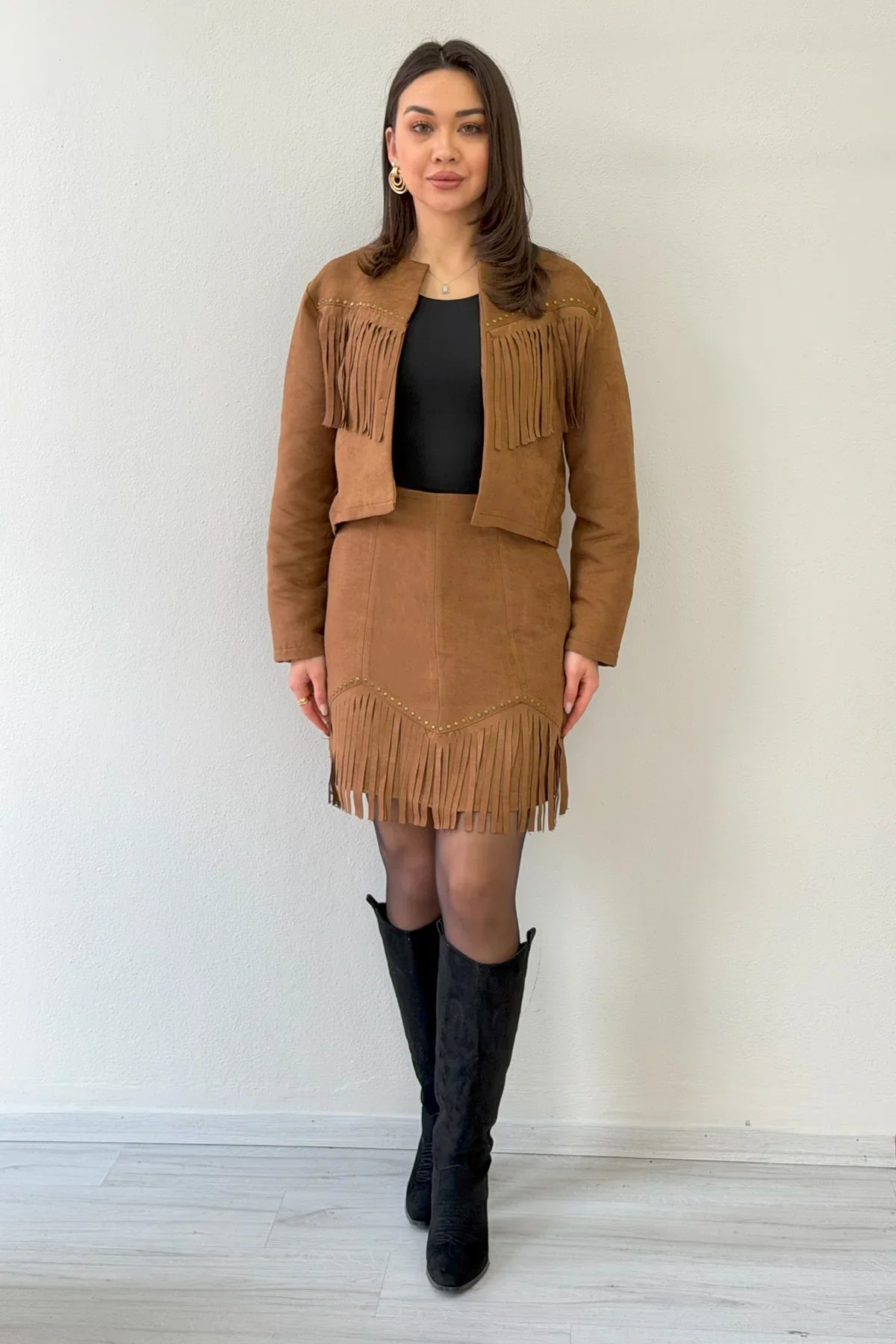Women's Tan Saçaklı Jacket Skirt İkili Suede Set