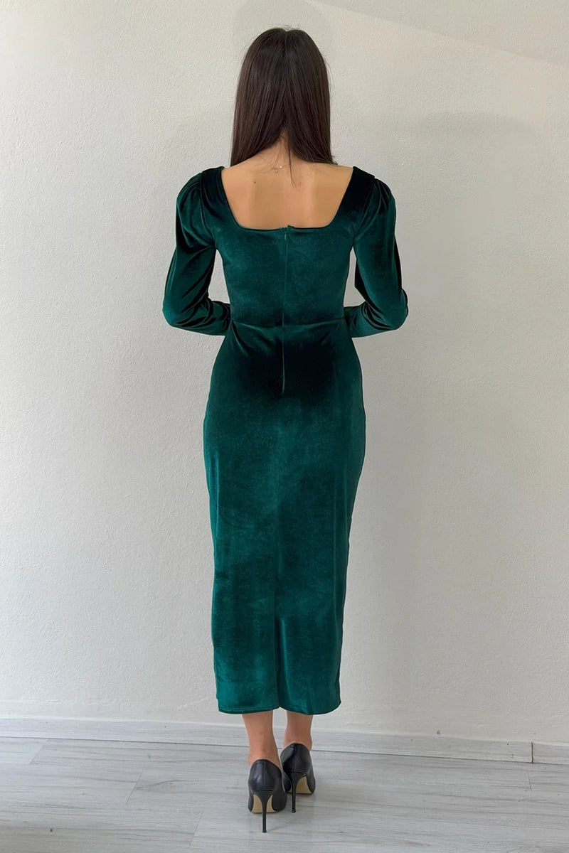 Women's Green Square Neck Velvet Midi Dress