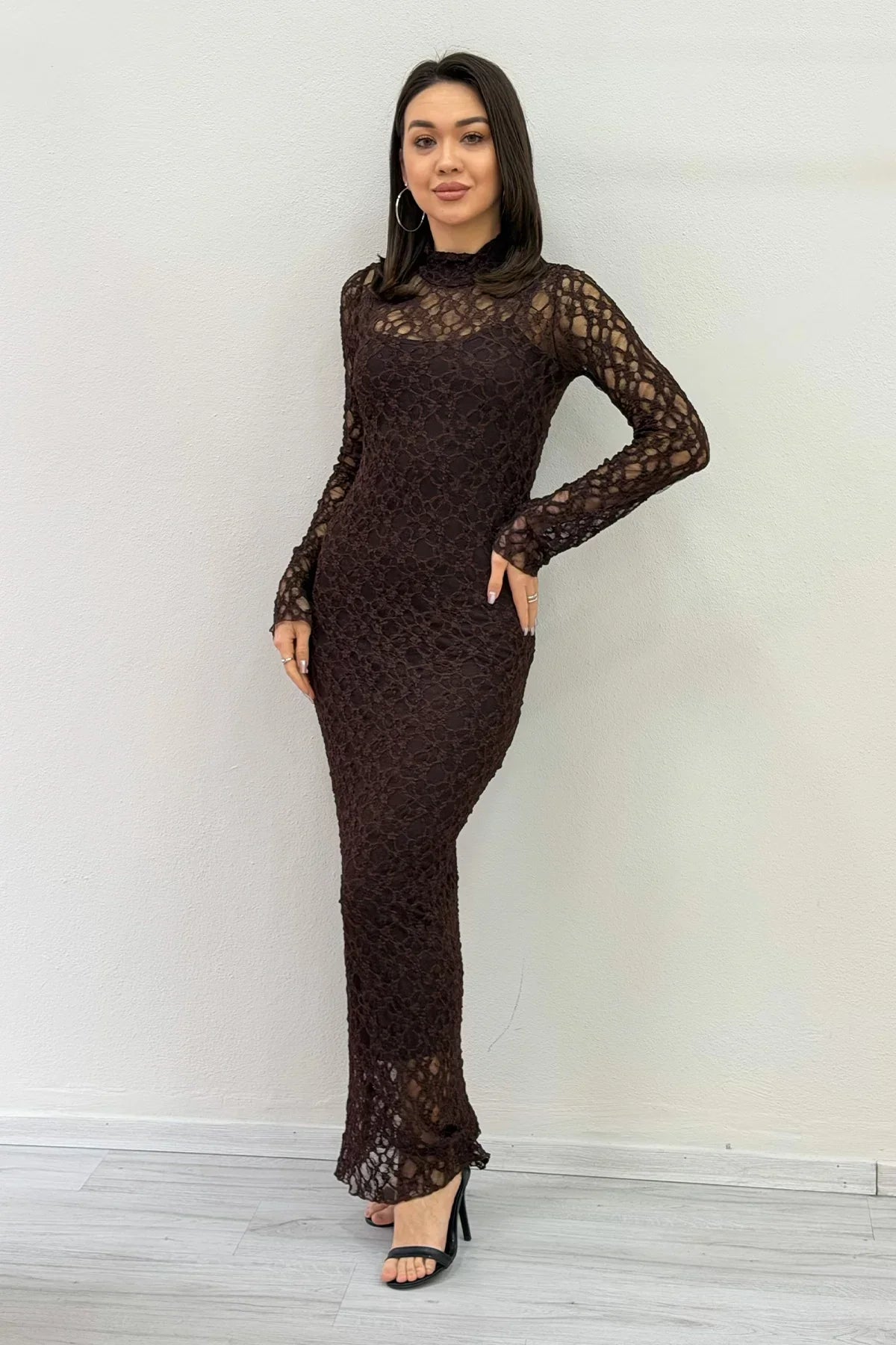 Women's Brown Fully Lined High Neck Midi Kabartmalı Lace Dress