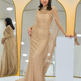 Women's Gold Strapless Cape Mermaid Evening Dress