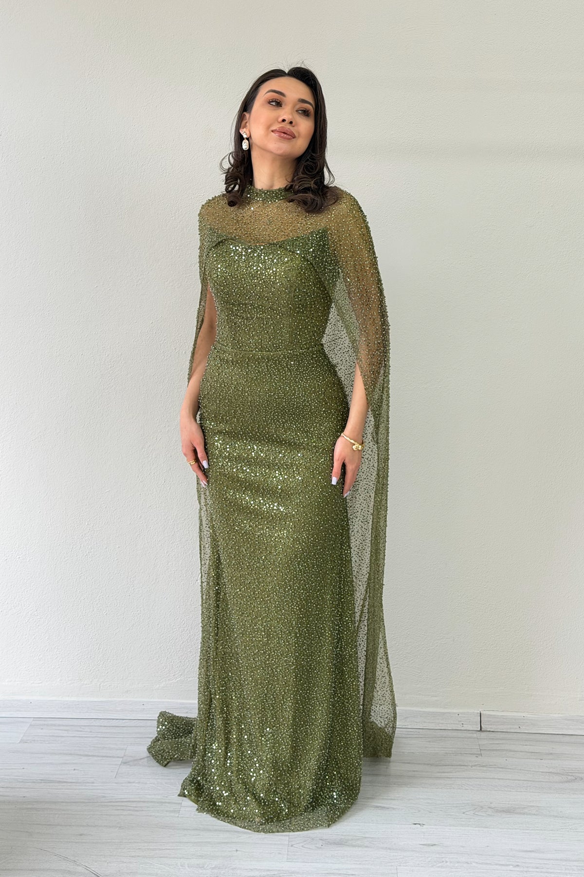 Women's Khaki Strapless Cape Mermaid Evening Dress