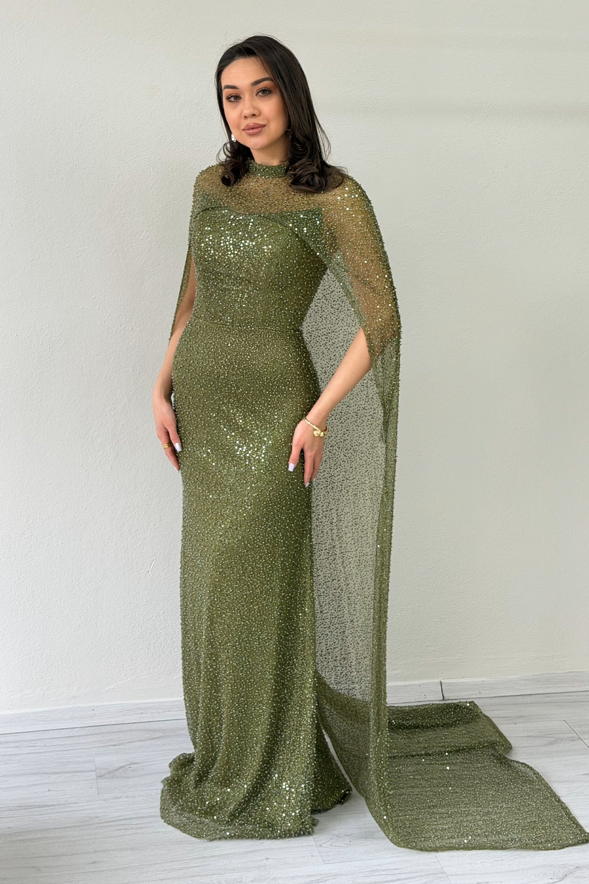 Women's Khaki Strapless Cape Mermaid Evening Dress