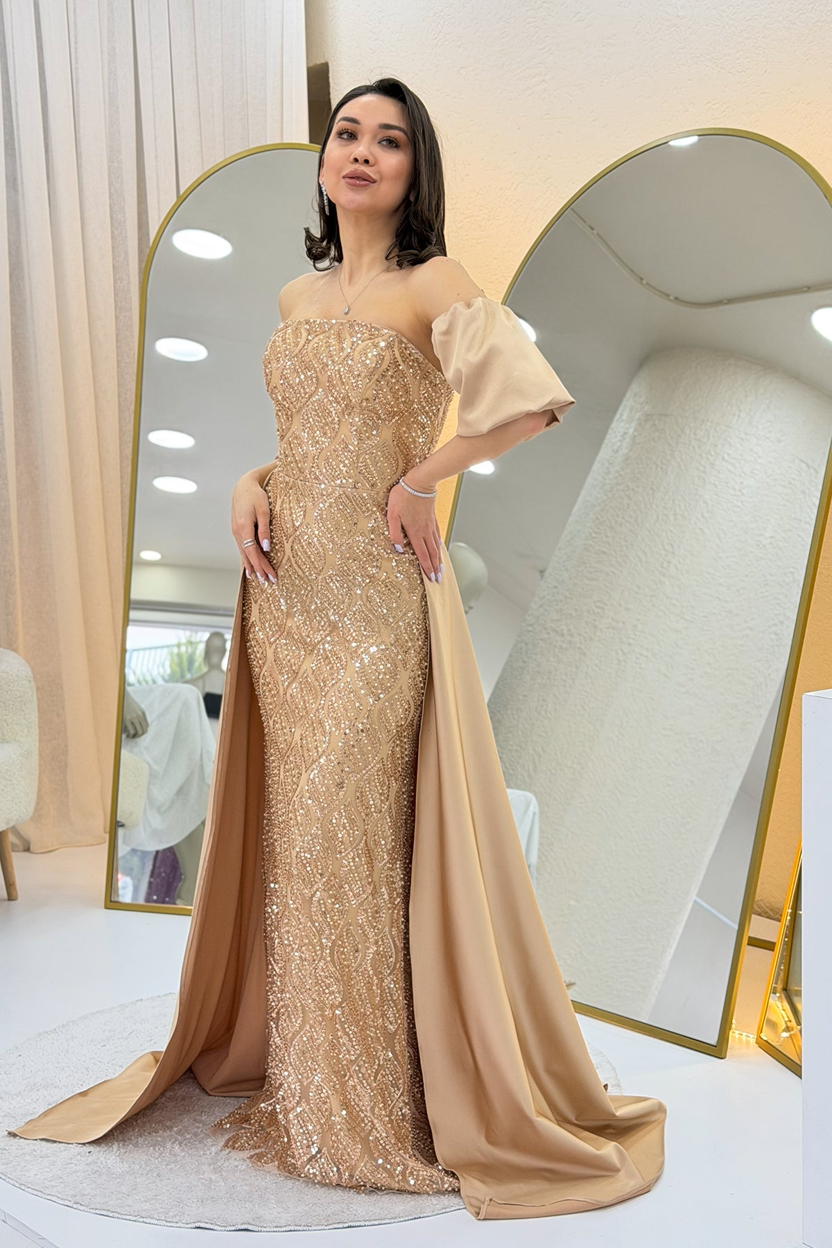 Women's Gold Satin Tailored Dress with Detachable Sleeves