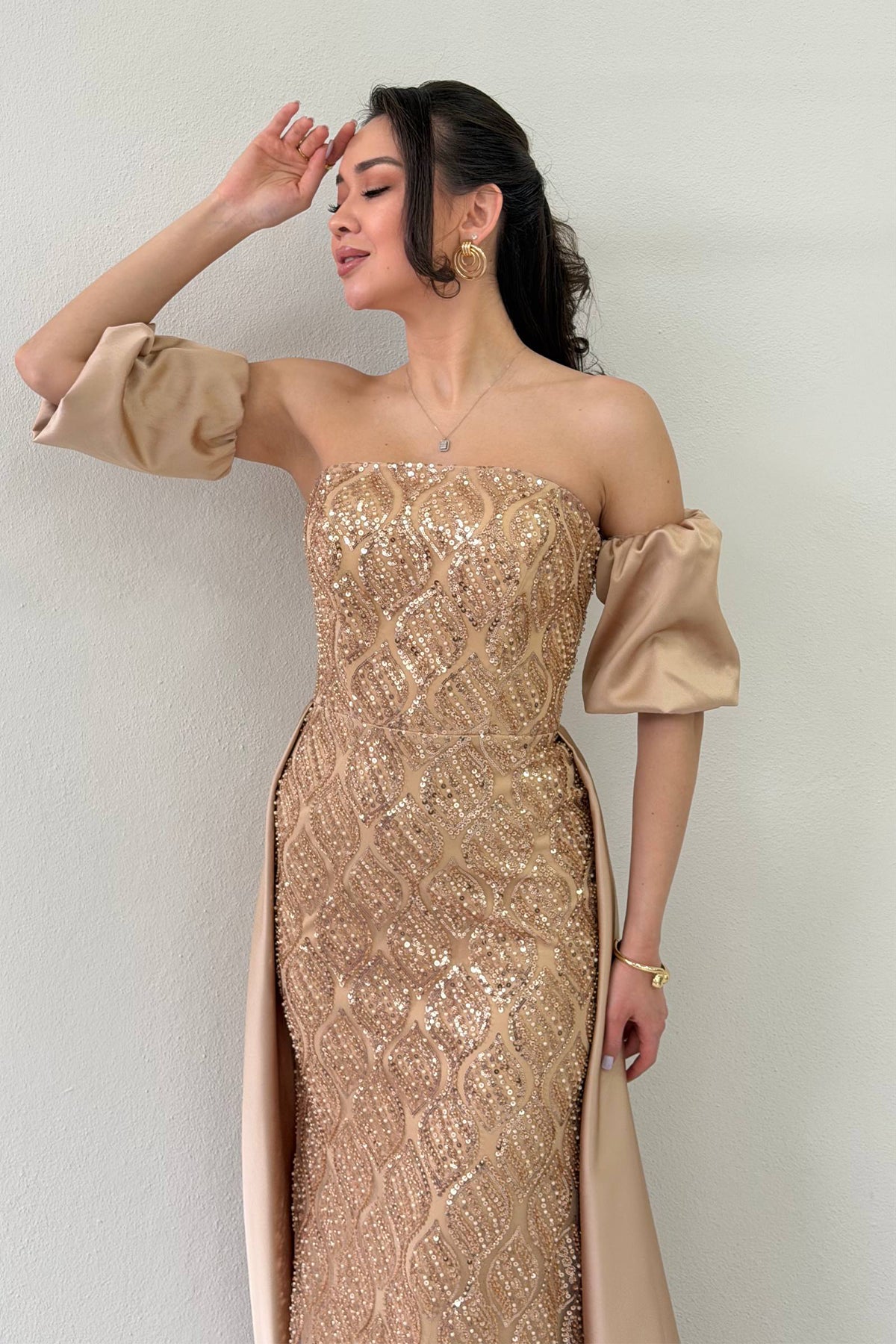 Women's Gold Satin Tailored Dress with Detachable Sleeves