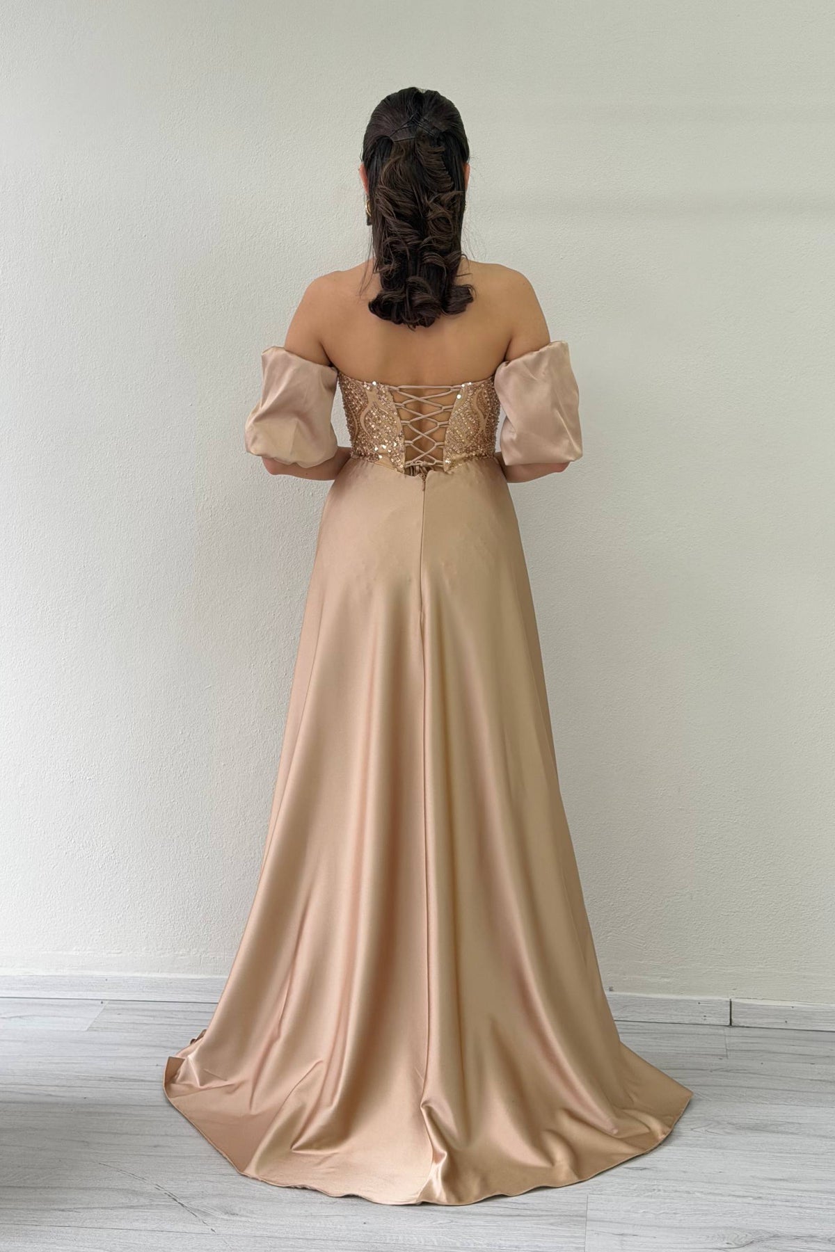 Women's Gold Satin Tailored Dress with Detachable Sleeves