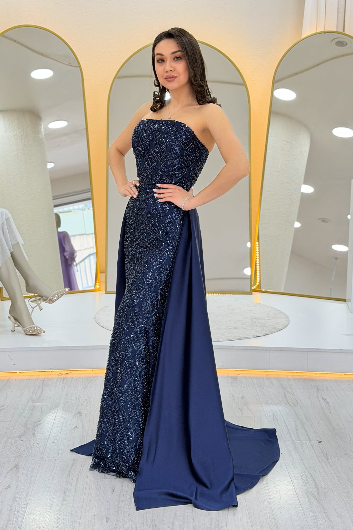 Women's Navy Blue Satin Tailored Dress with Detachable Sleeves