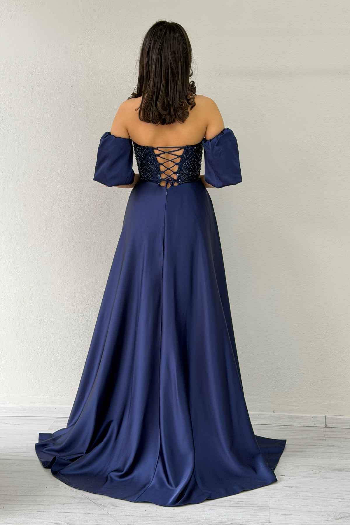 Women's Navy Blue Satin Tailored Dress with Detachable Sleeves