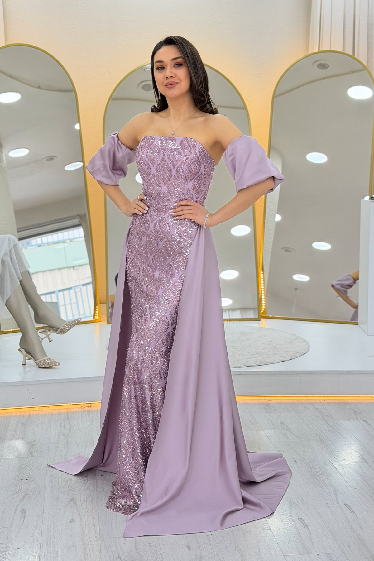 Women's Lilac Satin Tailored Dress with Detachable Sleeves