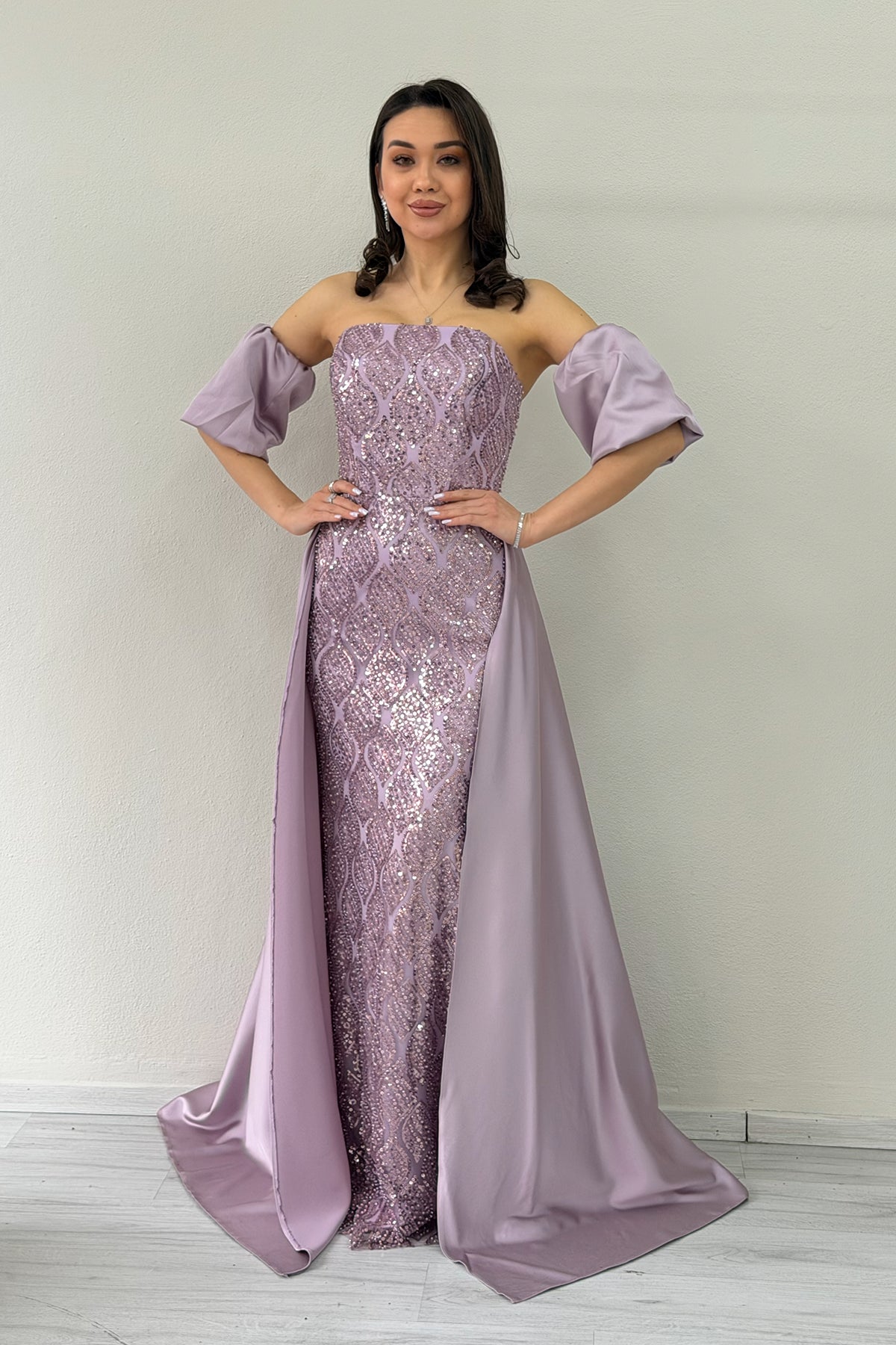 Women's Lilac Satin Tailored Dress with Detachable Sleeves