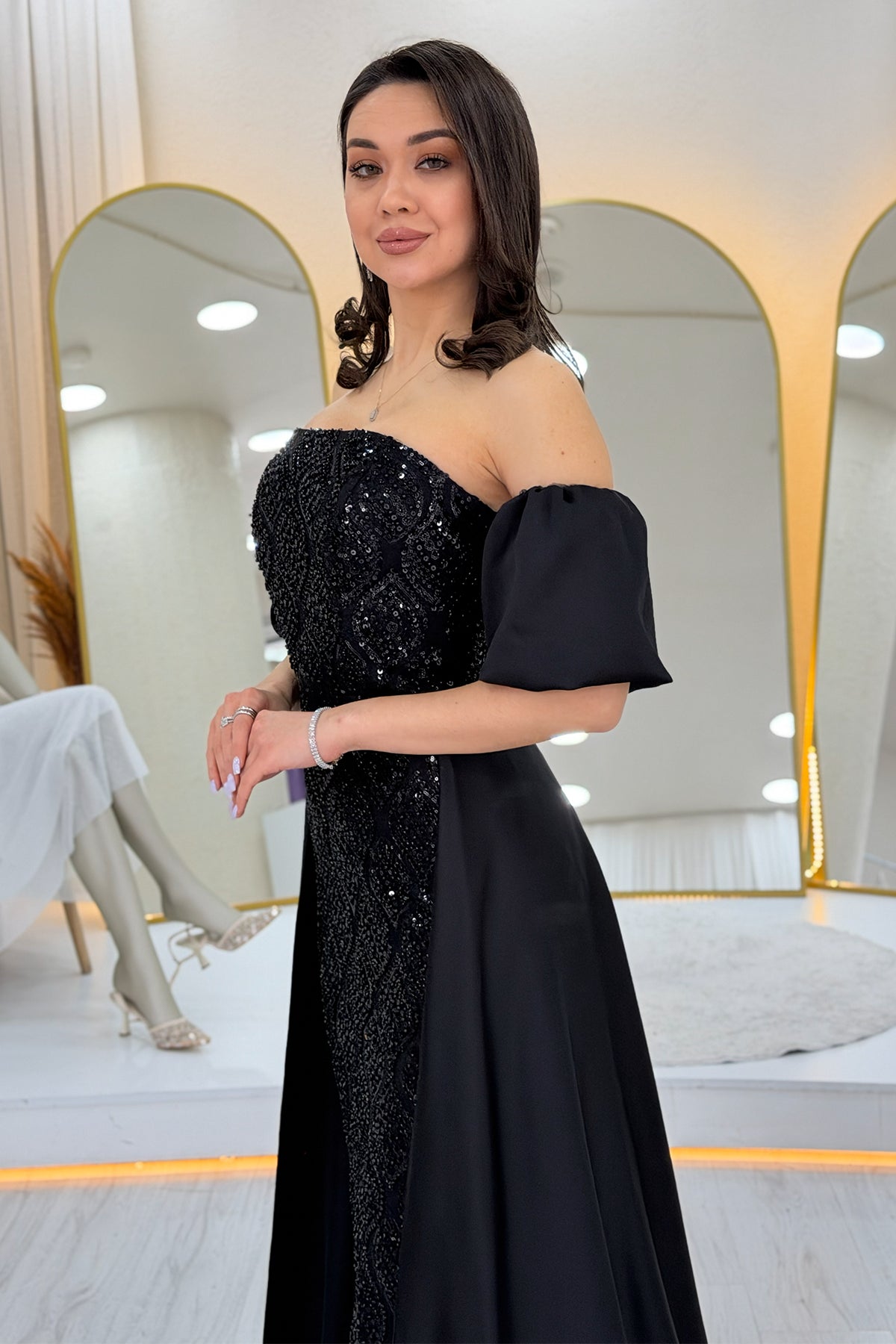 Women's Black Satin Tailored Dress with Detachable Sleeves