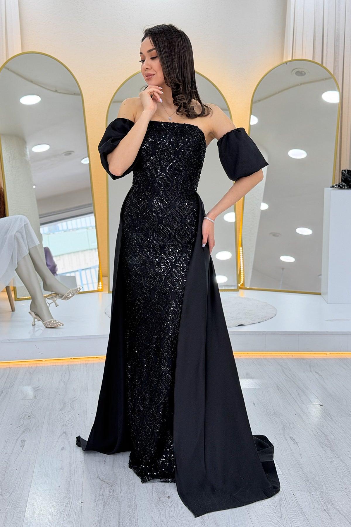 Women's Black Satin Tailored Dress with Detachable Sleeves