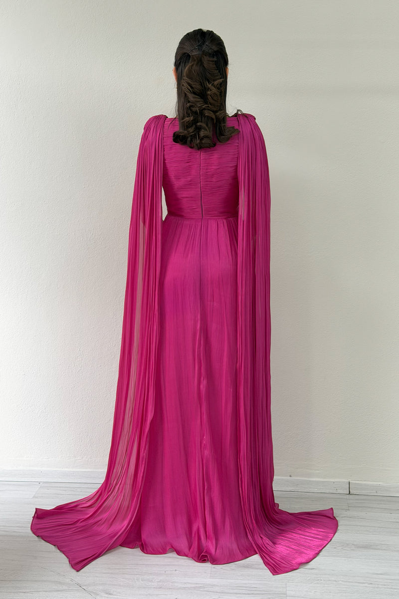 Fuchsia Drape Cloak Sleeve Evening Dress