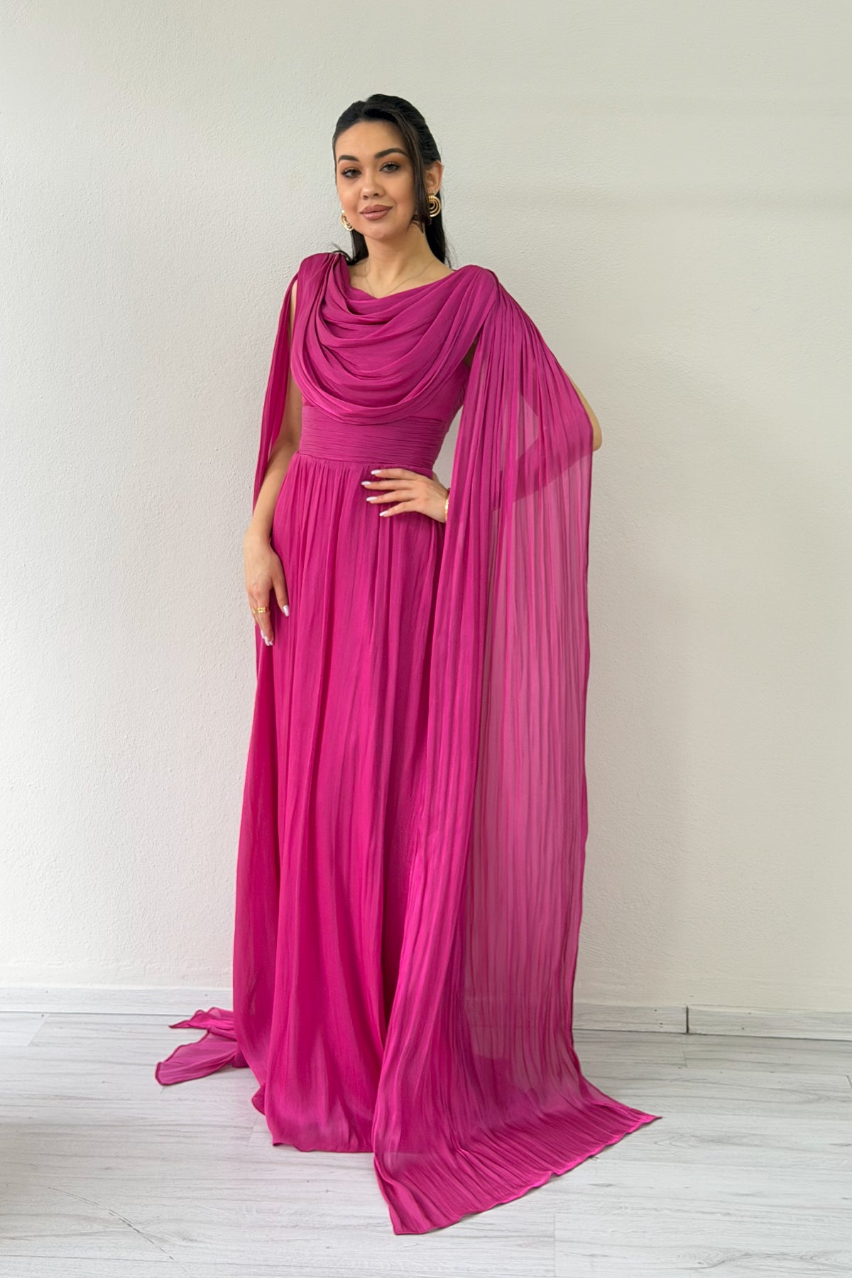 Fuchsia Drape Cloak Sleeve Evening Dress