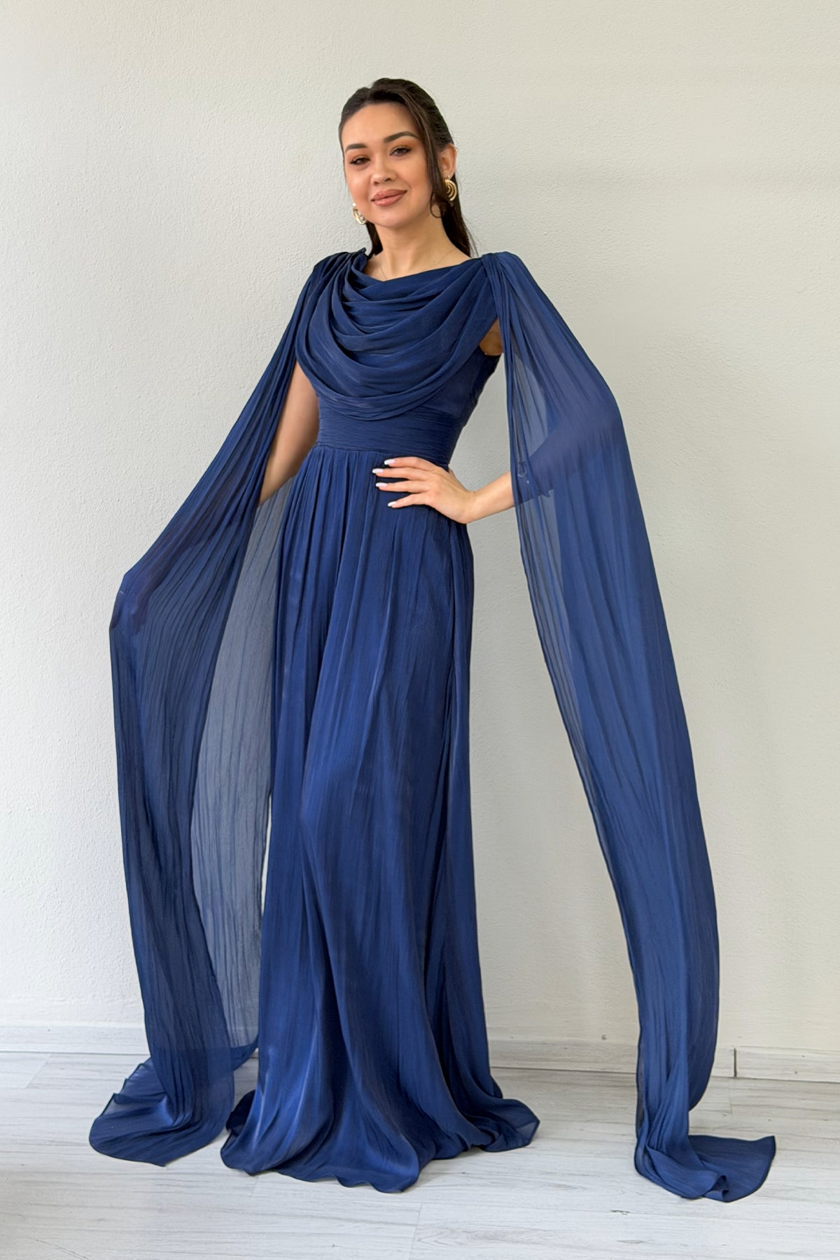Navy Blue Drape Cloak Sleeve Evening Dress