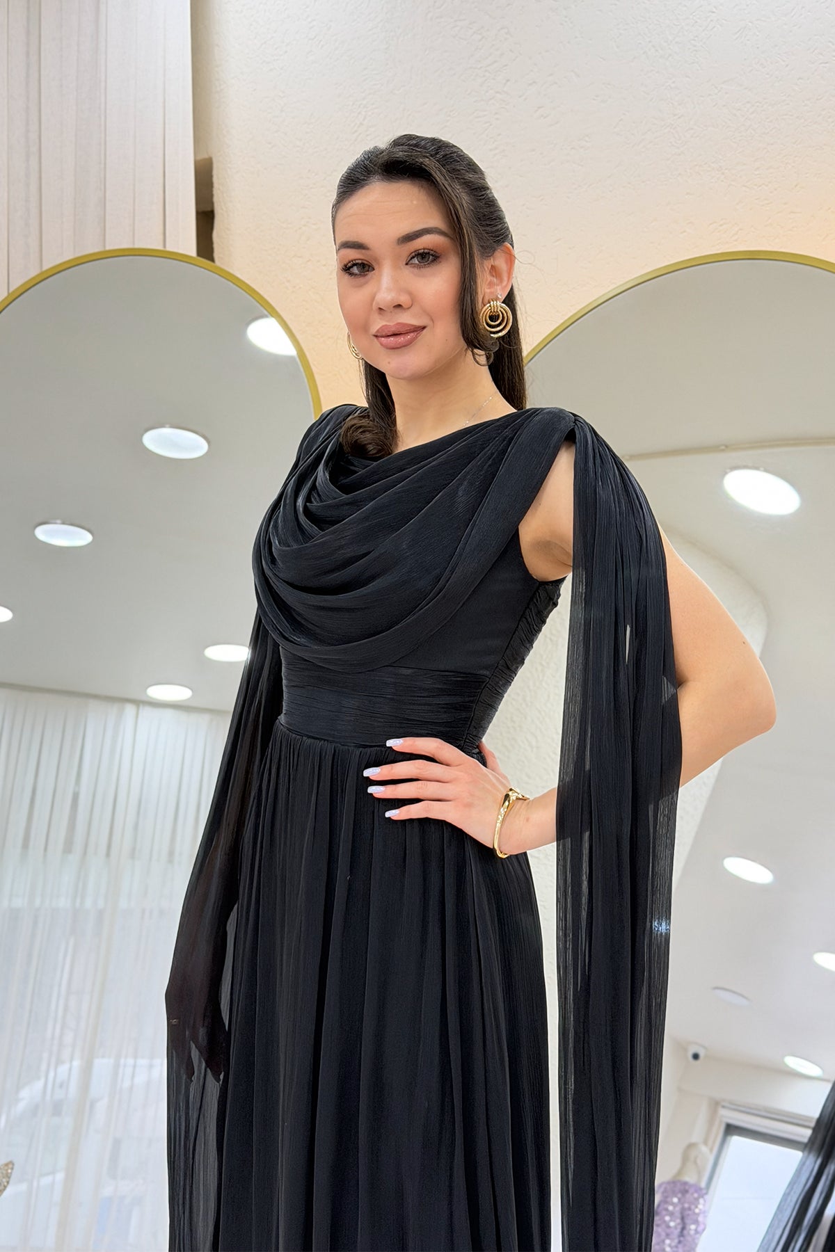 Black Drape Cloak Sleeve Evening Dress
