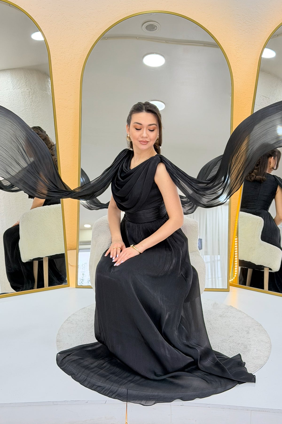 Black Drape Cloak Sleeve Evening Dress