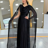 Black Drape Cloak Sleeve Evening Dress