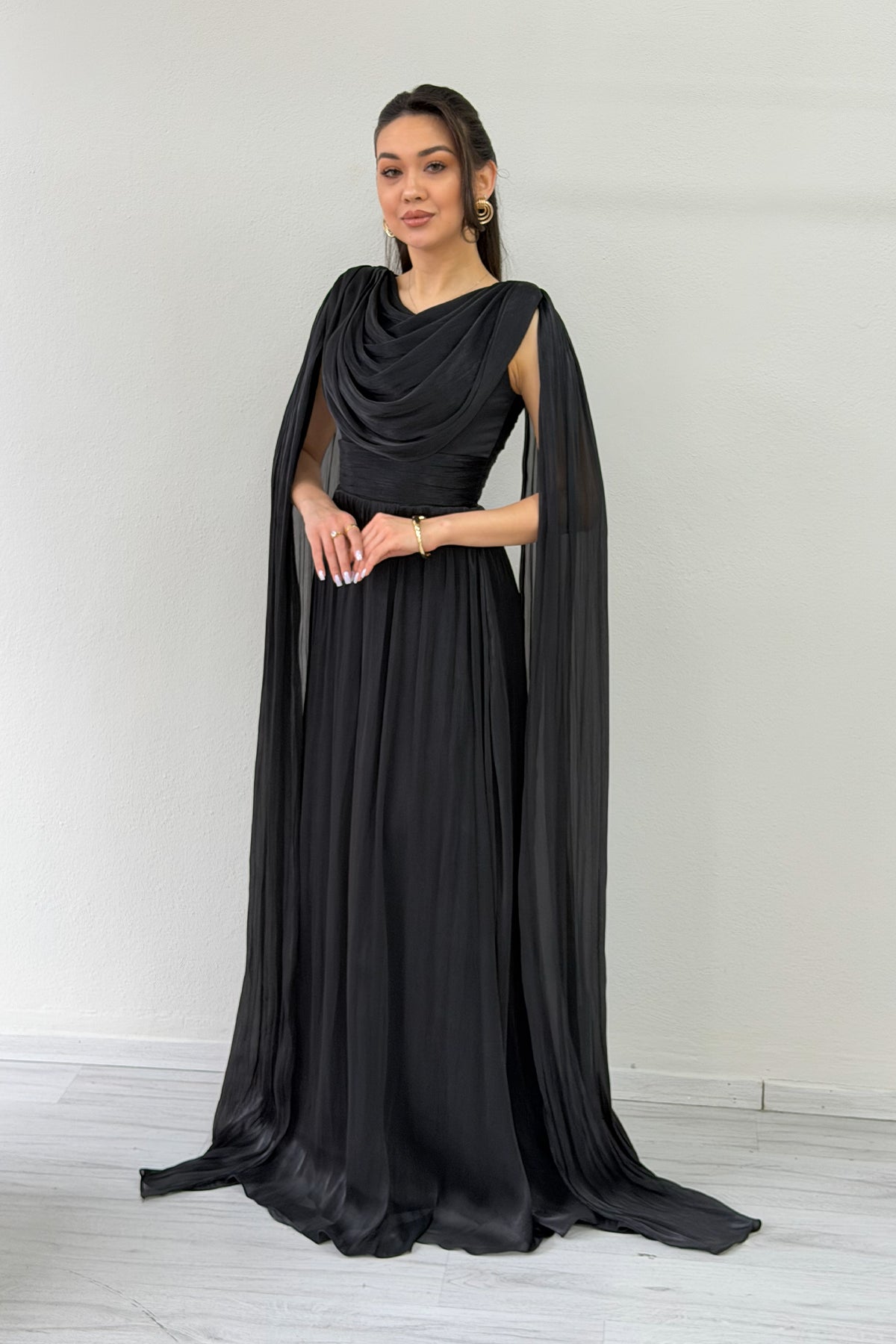 Black Drape Cloak Sleeve Evening Dress