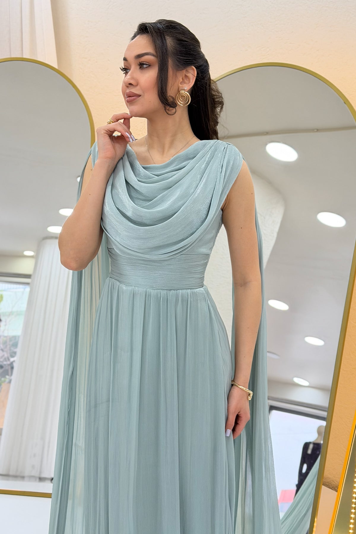 Aqua Green Drape Cloak Sleeve Evening Dress