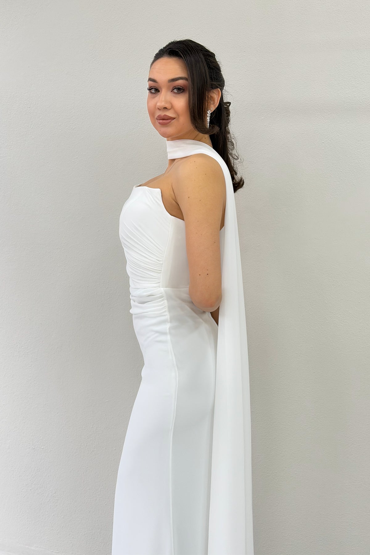 White Strapless Drape Shawl Wedding Dress