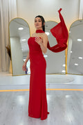 Red Strapless Drape Shawl Evening Dress
