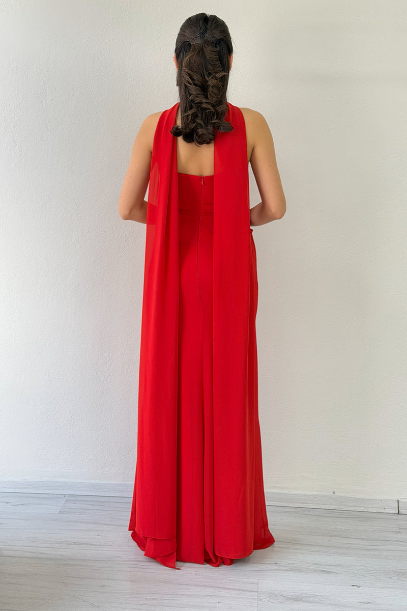 Red Strapless Drape Shawl Evening Dress