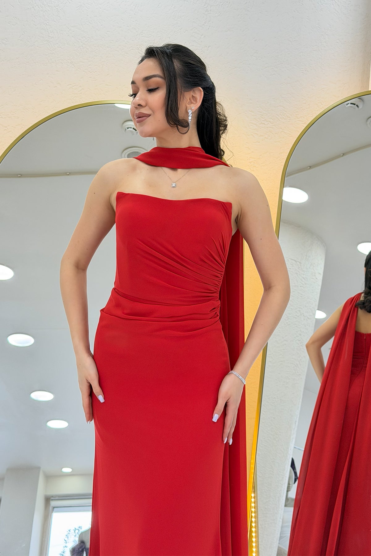 Red Strapless Drape Shawl Evening Dress