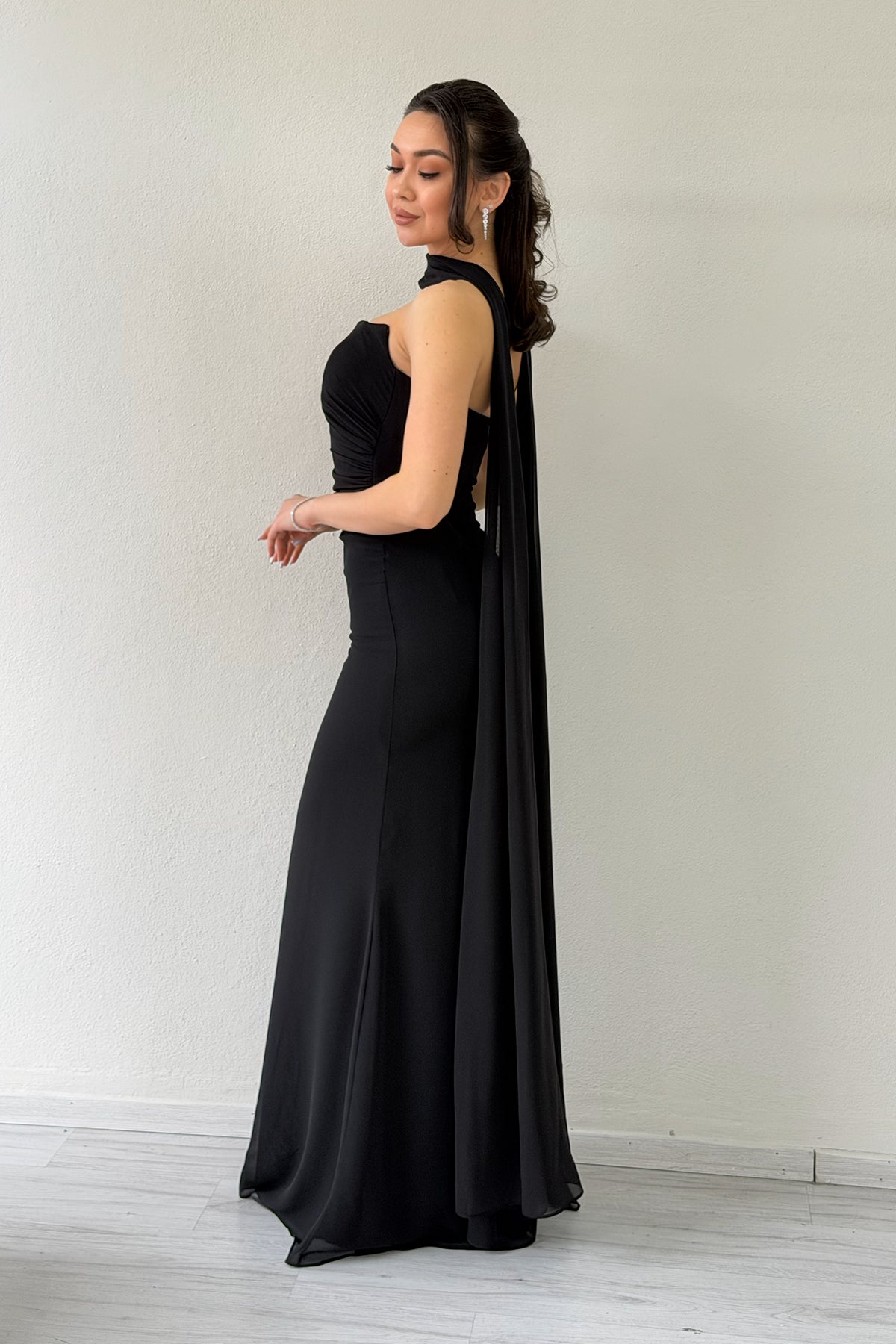 Black Strapless Drape Shawl Evening Dress