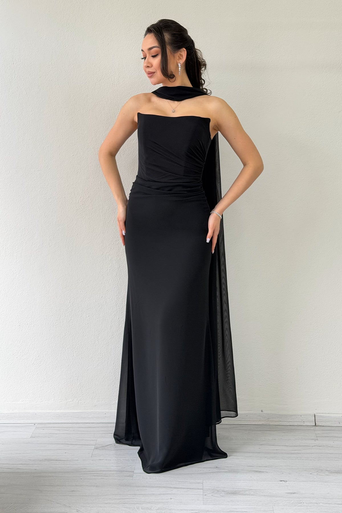 Black Strapless Drape Shawl Evening Dress