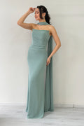 Aqua Green Strapless Drape Shawl Evening Dress