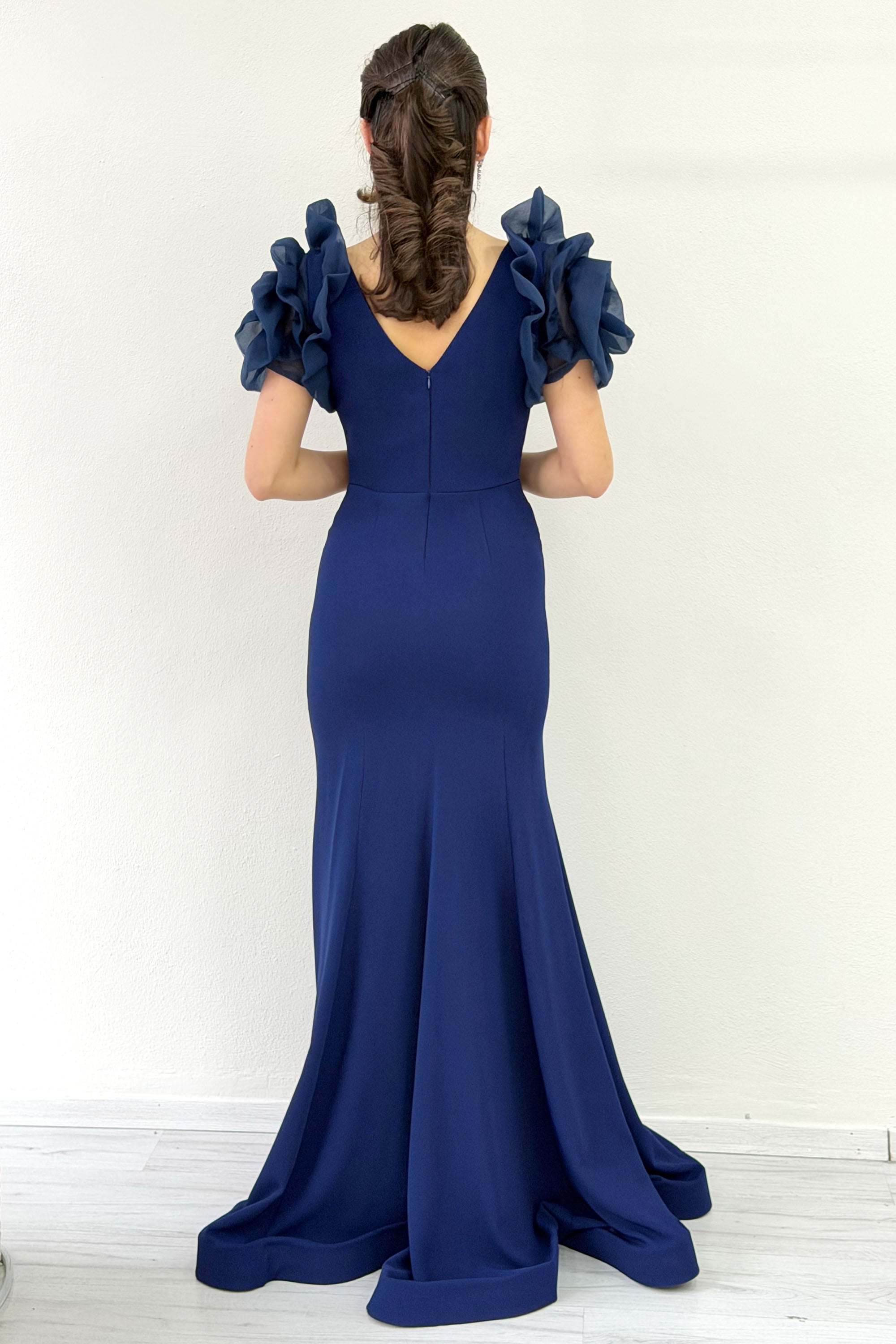 Navy Blue Off-Shoulder V-Neck Embroidered Slit Evening Dress with Rose Detail