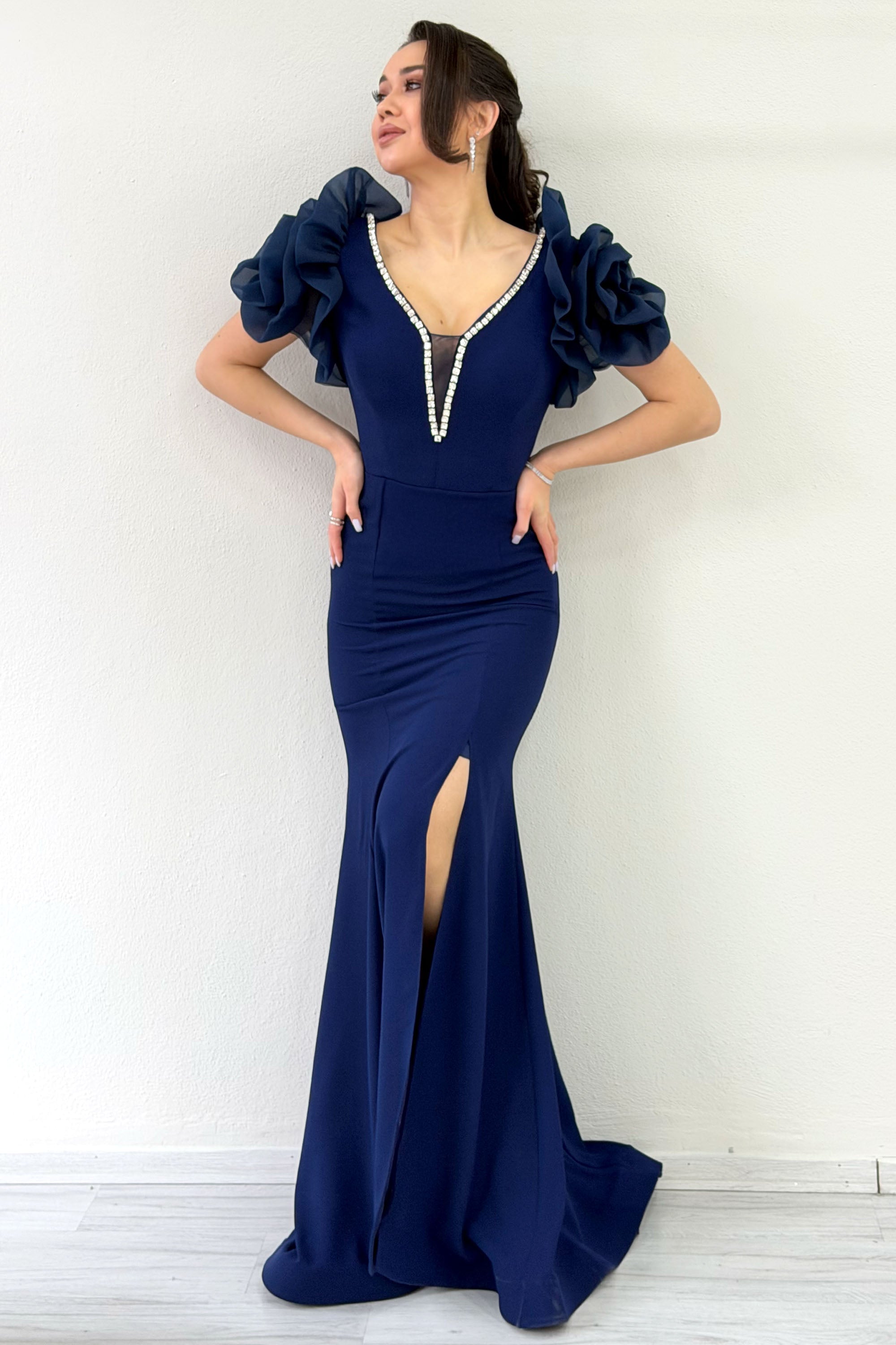 Navy Blue Off-Shoulder V-Neck Embroidered Slit Evening Dress with Rose Detail