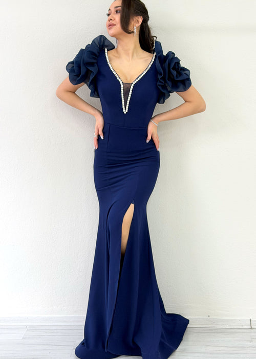 Navy Blue Off-Shoulder V-Neck Embroidered Slit Evening Dress with Rose Detail