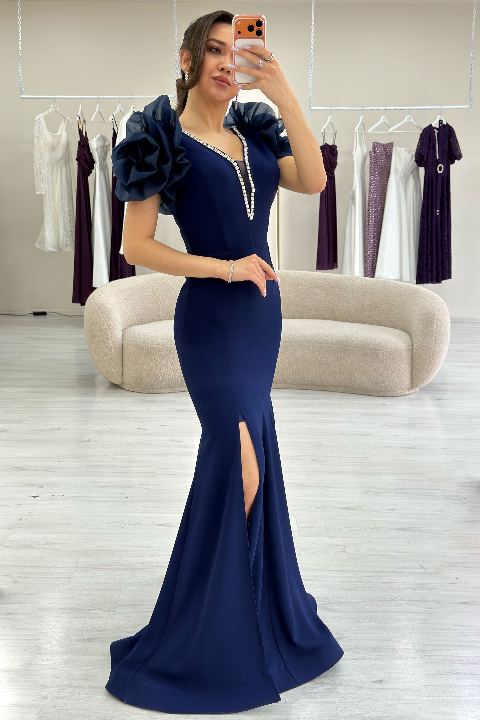 Navy Blue Off-Shoulder V-Neck Embroidered Slit Evening Dress with Rose Detail