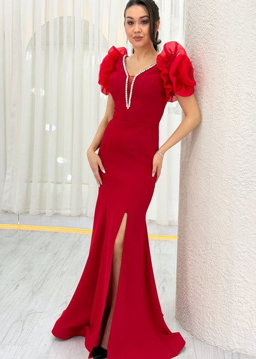 Red Shoulder Rose Detail V-Neck Stone Embroidered Slit Evening Dress