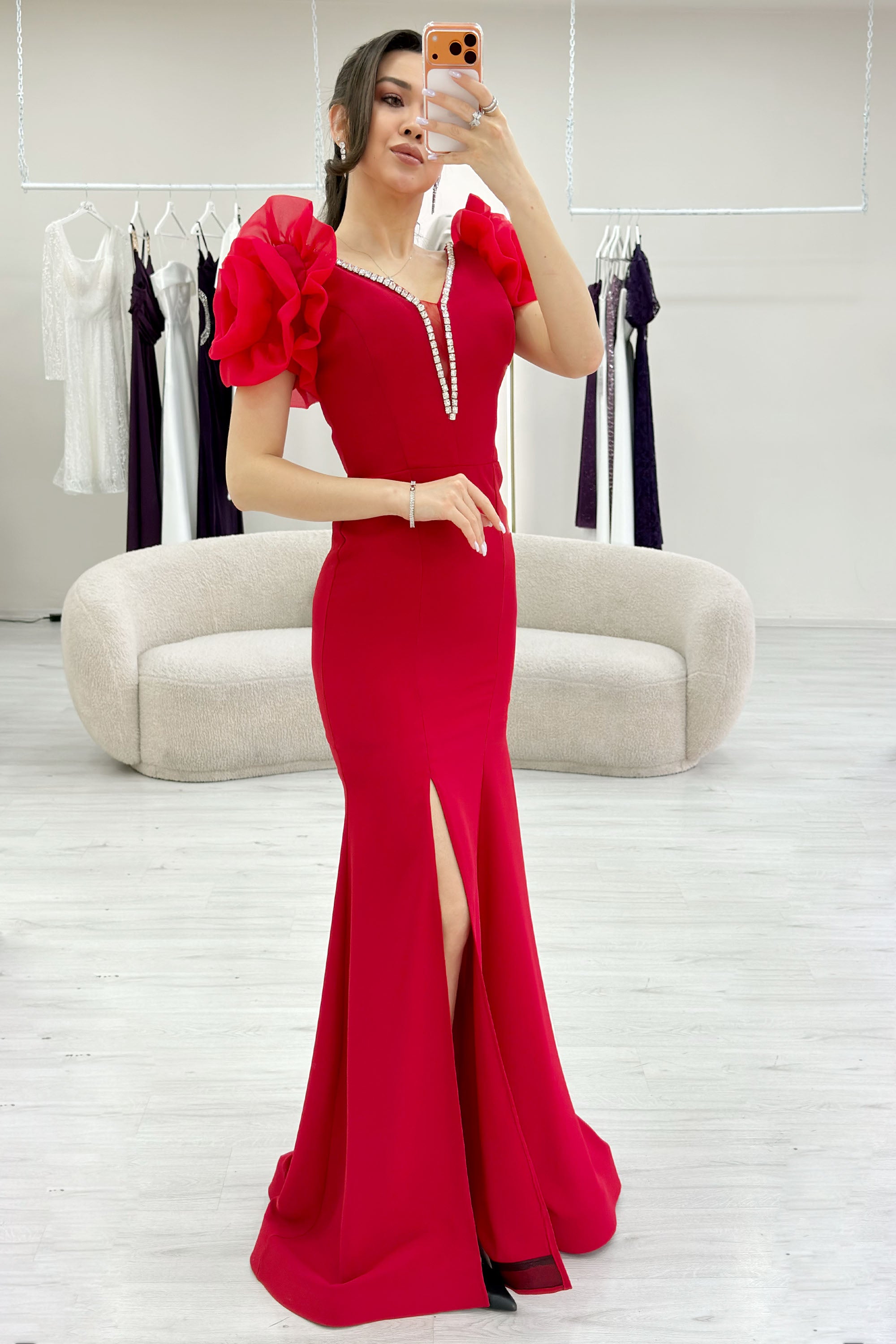 Red Shoulder Rose Detail V-Neck Stone Embroidered Slit Evening Dress