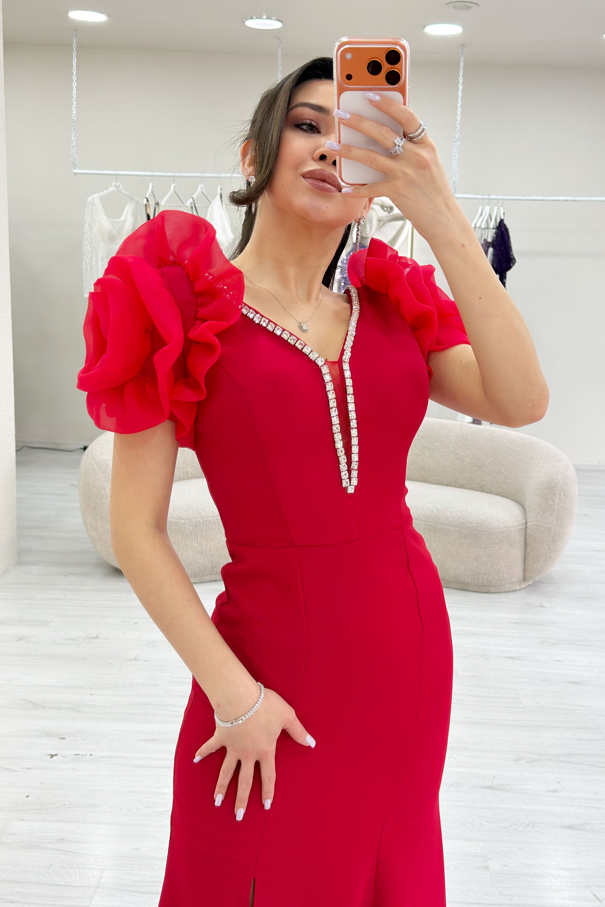 Red Shoulder Rose Detail V-Neck Stone Embroidered Slit Evening Dress