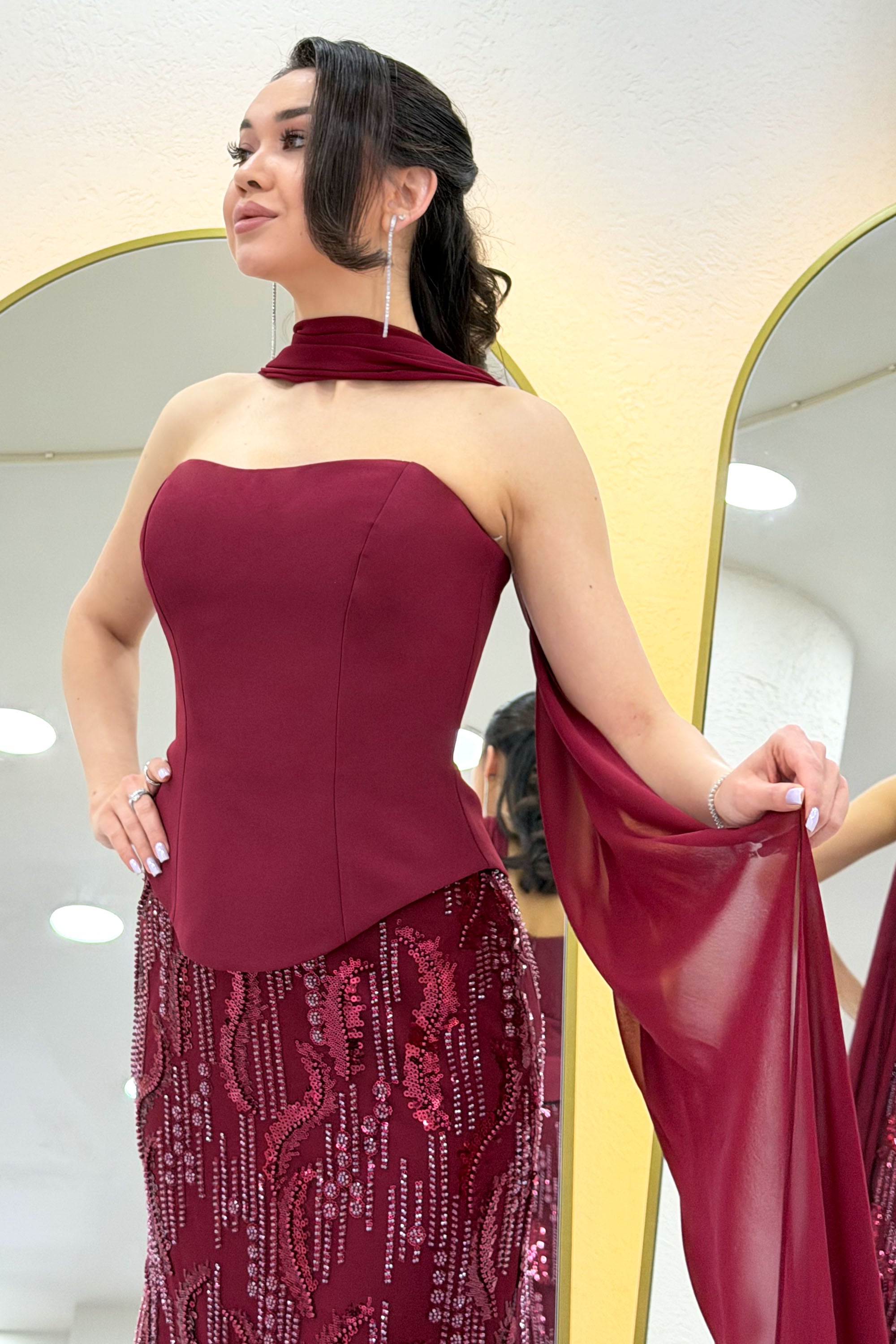 Burgundy Strapless Shawl-Detailed Embroidered Long Evening Gown
