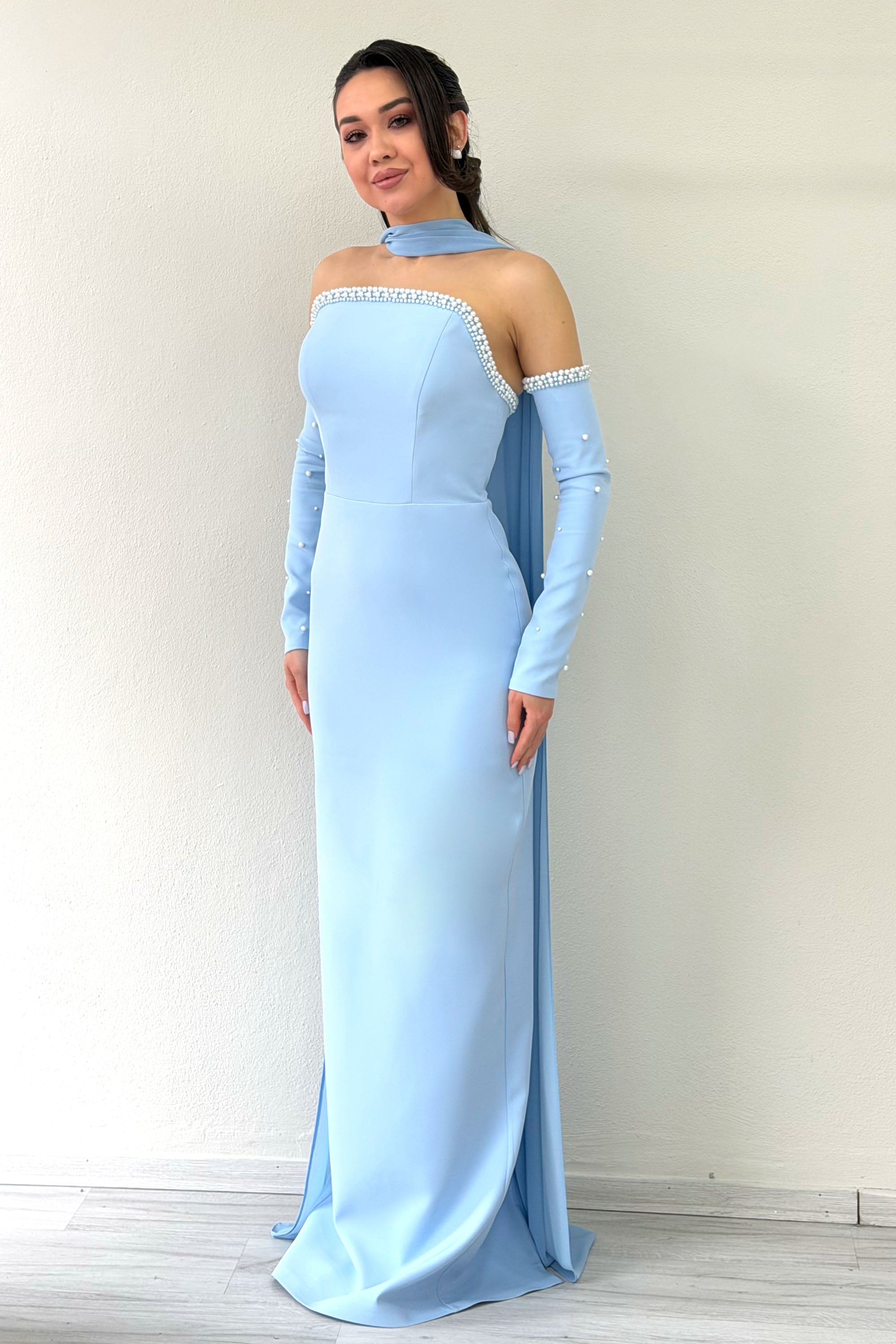 Baby Blue Pearl Strapless Removable Sleeve Detail Long Evening Dress
