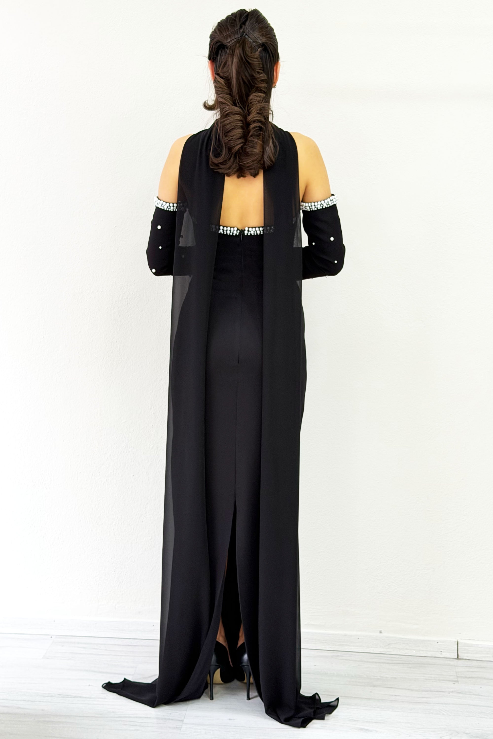 Black Pearl Strapless Removable Sleeve Detail Long Evening Dress