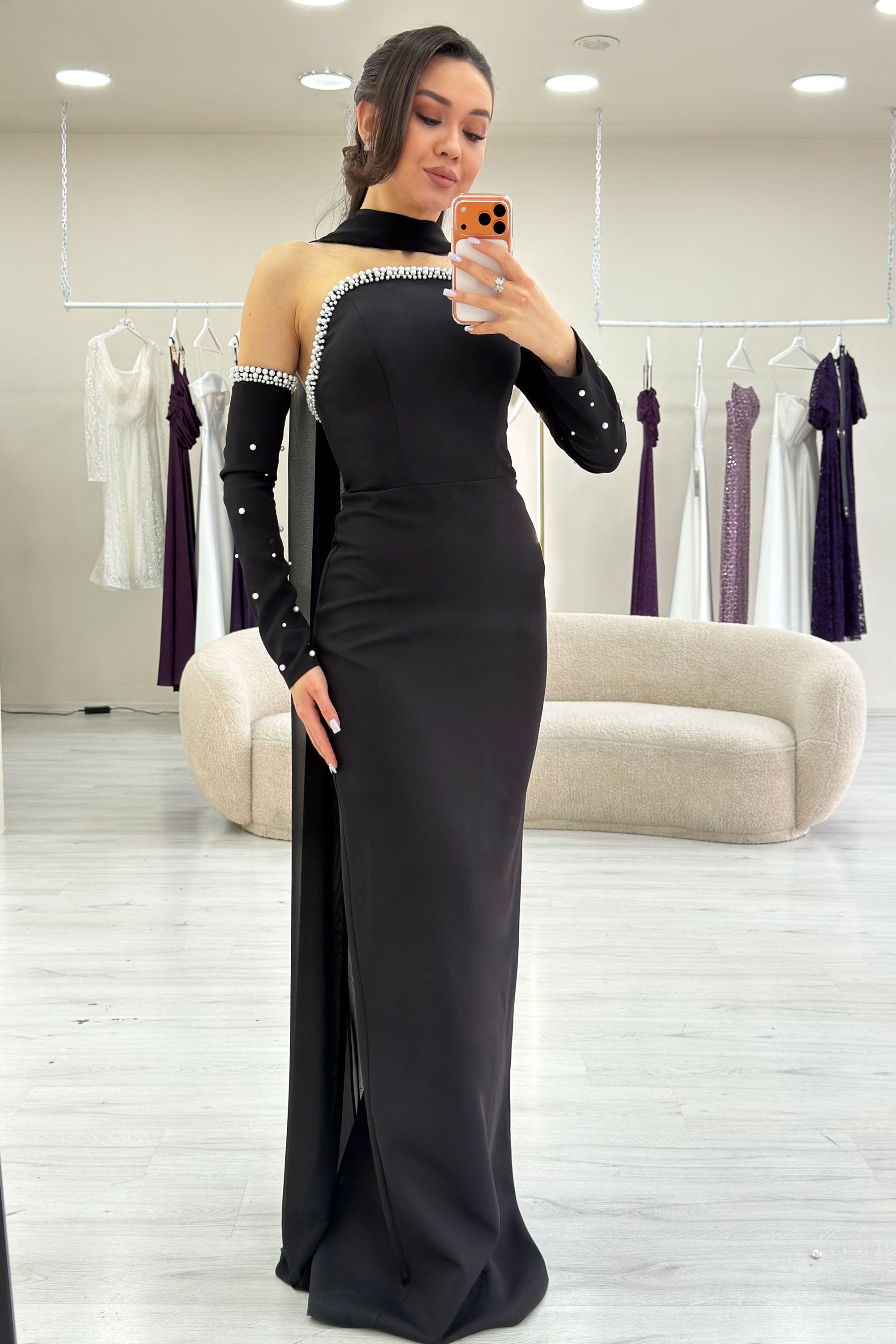 Black Pearl Strapless Removable Sleeve Detail Long Evening Dress