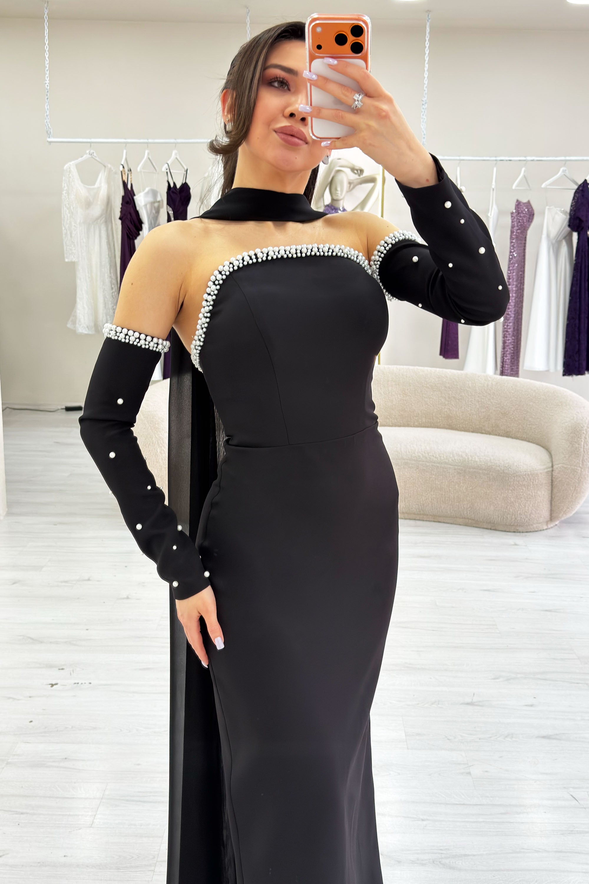 Black Pearl Strapless Removable Sleeve Detail Long Evening Dress