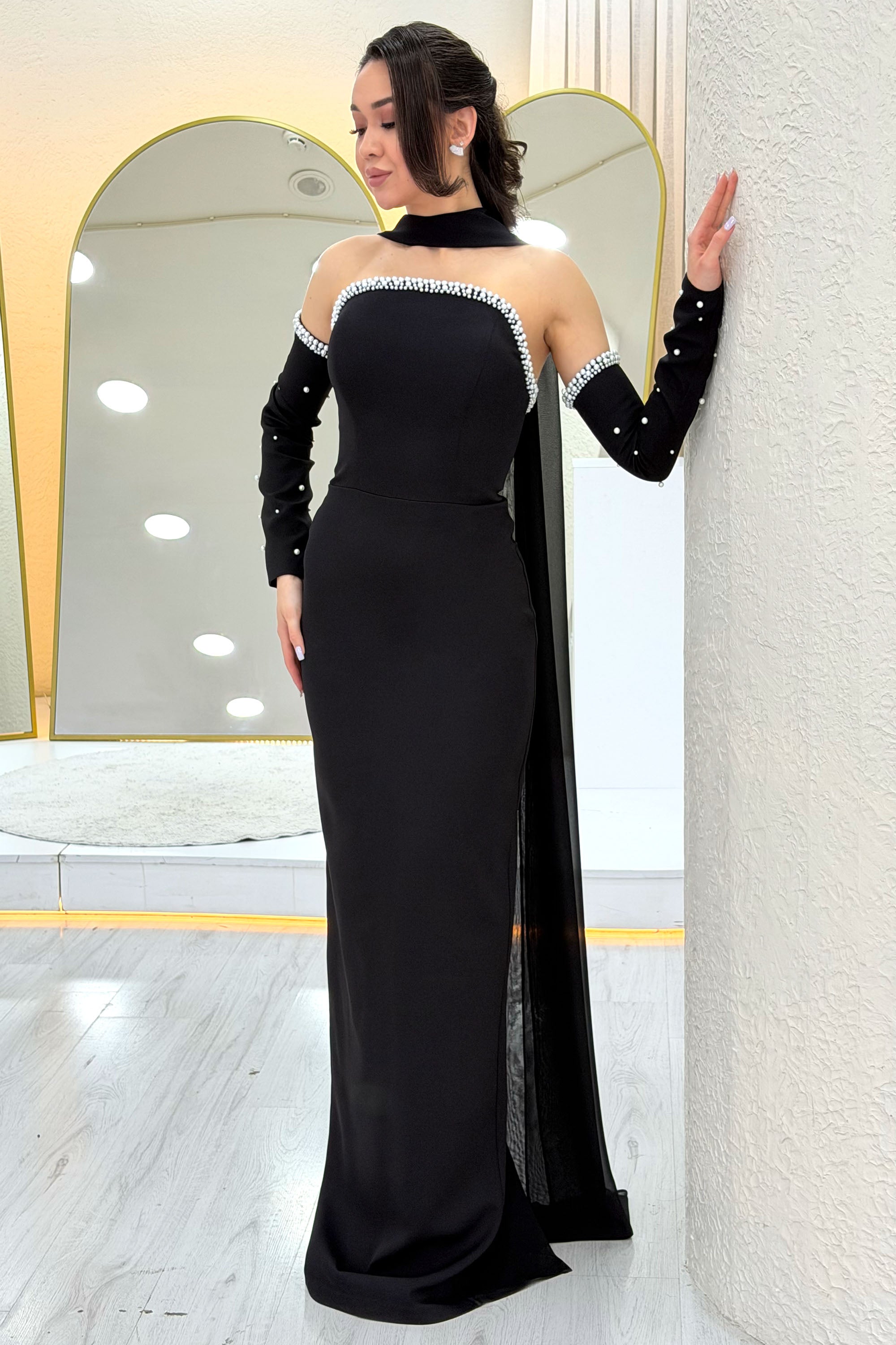 Black Pearl Strapless Removable Sleeve Detail Long Evening Dress