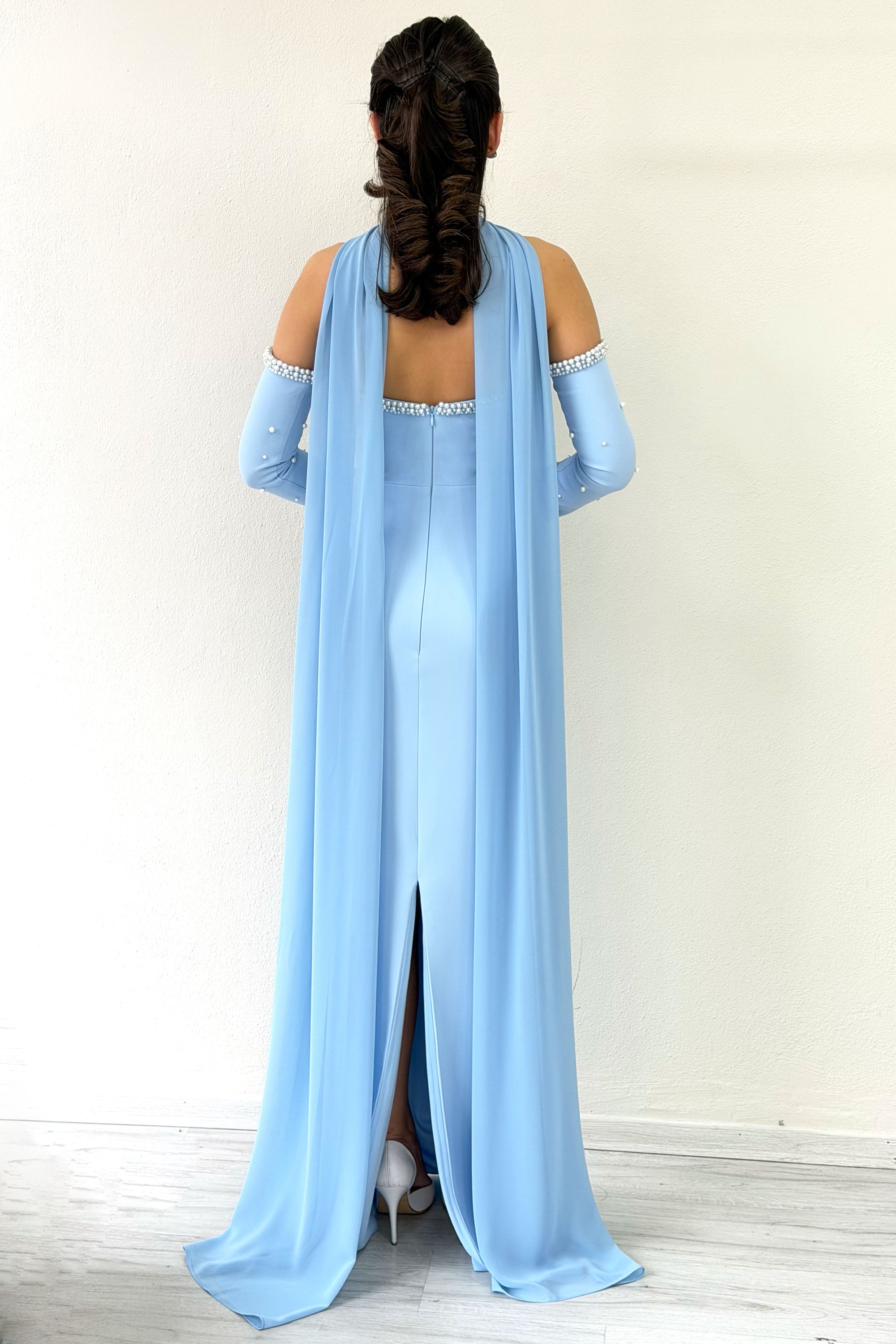 Baby Blue Pearl Strapless Removable Sleeve Detail Long Evening Dress