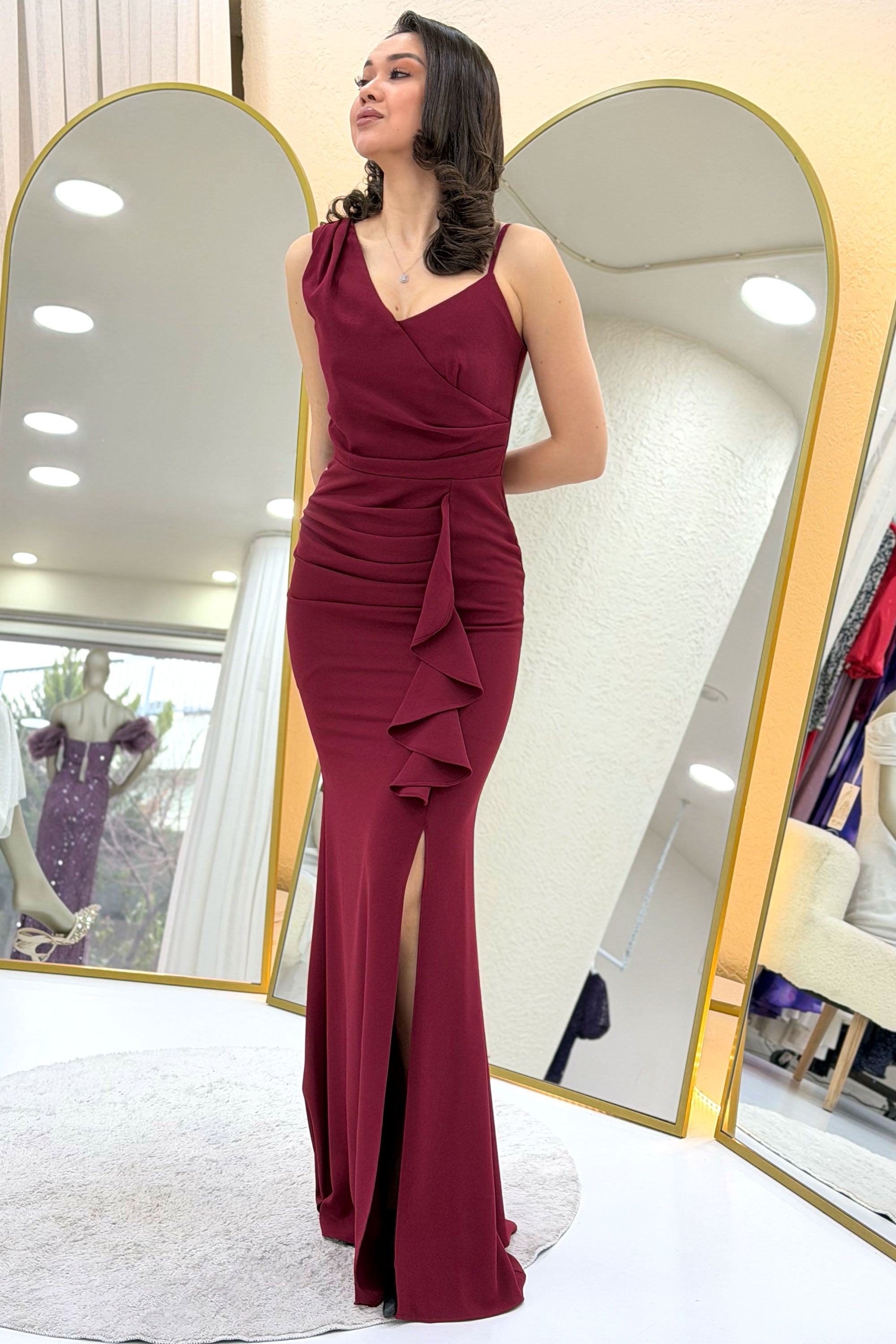 Burgundy Asymmetrical Collar Slit Evening Dress with Front Ruffles
