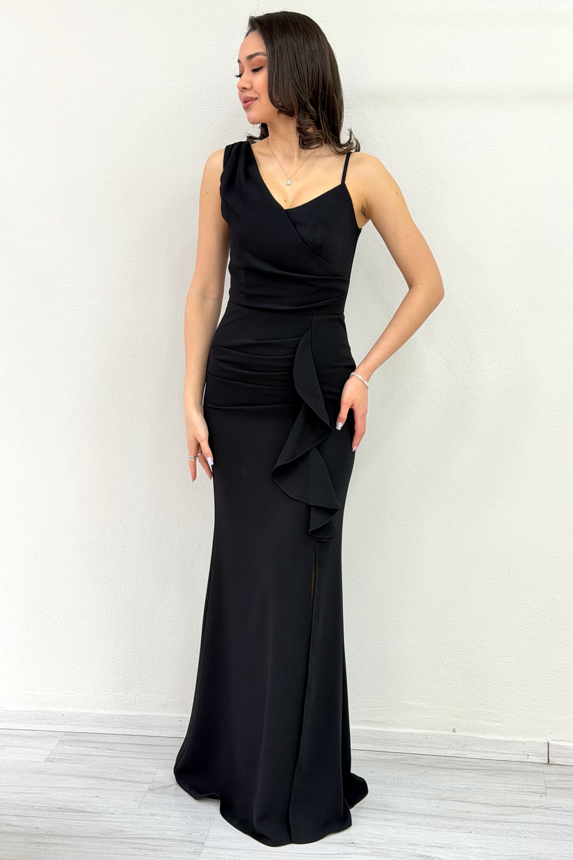 Black Asymmetrical Collar Slit Evening Dress with Black Front Ruffles