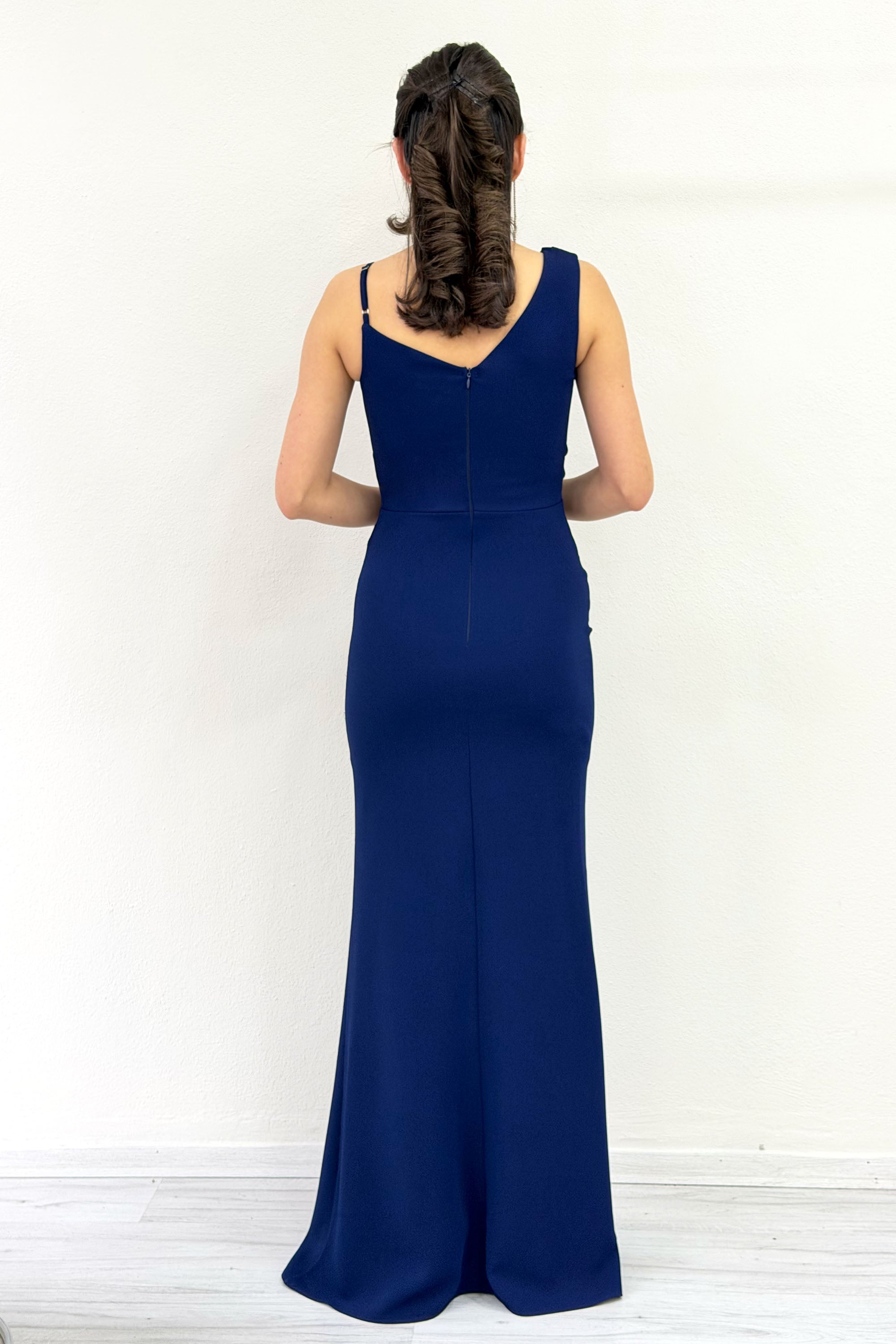 Navy Blue Asymmetrical Collar Front Ruffled Slit Evening Dress