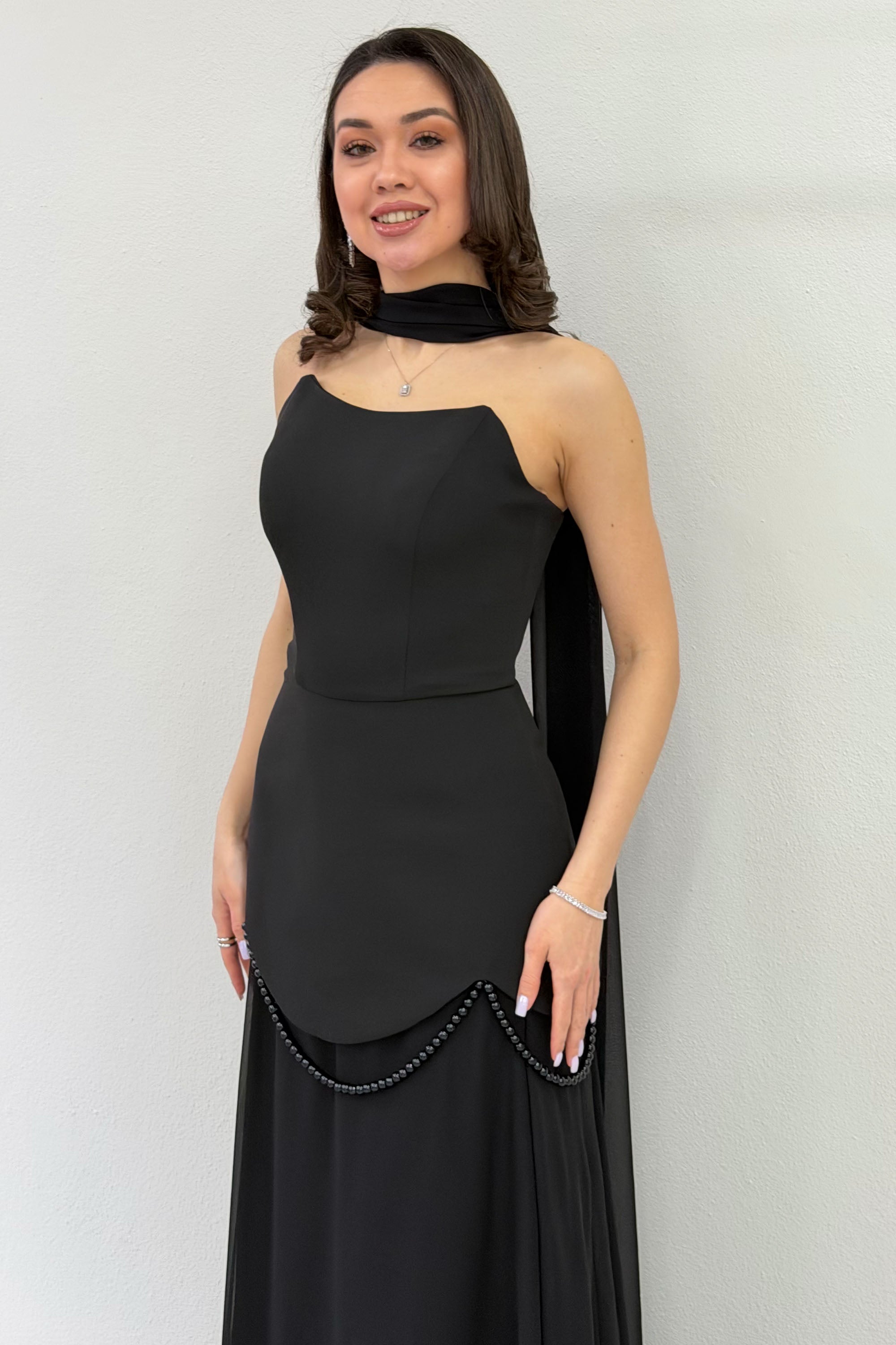 Black Shawl-Detailed Corset Skirt Chiffon Design Evening Dress